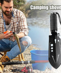 Man fishing by river with Ultra Lightweight Nine In One Camping Shovel Multitool with Bottle Opener Nail Puller shown beside