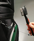 Tiger Pack Of 2 Golf Club Brush Groove Cleaner With Retractable Zip Line And Aluminum Carabiner in use on golf bag