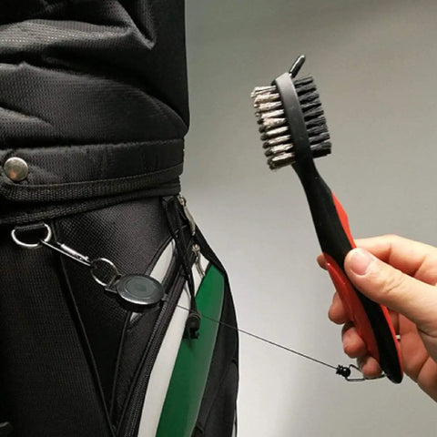 Tiger Pack Of 2 Golf Club Brush Groove Cleaner With Retractable Zip Line And Aluminum Carabiner in use on golf bag