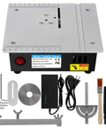 Solid Little Workhorse Compact Mini Table Saw With Variable Speed Trigger Precision Gauge And 45 Degree Bevel Cut Built Tough For Plug And Play DIY Wood And Metal Crafts Anywhere with accessories.