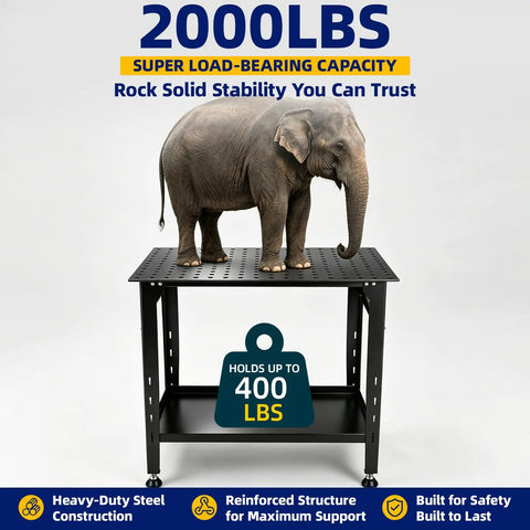Heavy Duty Steel Welding Table 2000 Lbs Capacity 36 By 24 Workbench With 5/8 Fixture Holes And Tool Tray Built Like A Tank For The Daily Grind with an elephant on top.