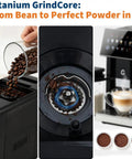 Heavy Duty Espresso Coffee Maker With Adjustable Grinder And Automatic Milk Frother, close-up of grinding coffee beans and milk frother.