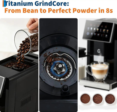 Heavy Duty Espresso Coffee Maker With Adjustable Grinder And Automatic Milk Frother, close-up of grinding coffee beans and milk frother.