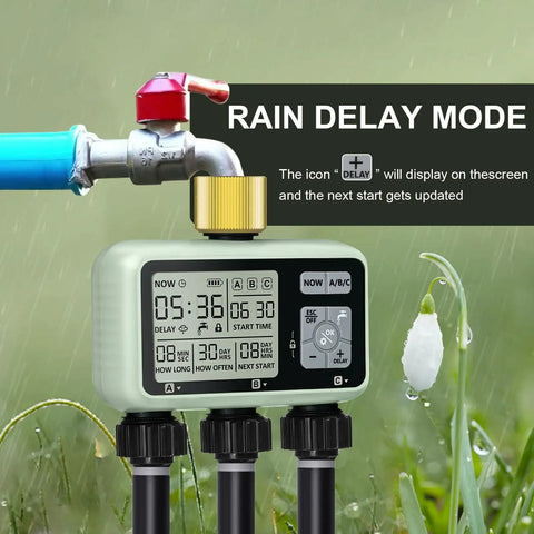 3 Zone Brass Inlet Watering Timer With Rain Delay, Auto And Manual Modes, 3 Outlet Sprinkler Timer For Outdoor Garden Hose Faucets