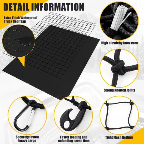 Truck Bed Cargo Net Kit With Stretchable 4x6 to 8x12 Net and Removable Waterproof Tarp Cover detail with hooks and rope