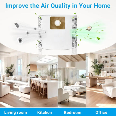 Air purification using 12 Pack 90667 Filter Bags For 1 to 1.5 Gallon Wet Dry Vacuums in various home settings like living room and kitchen.