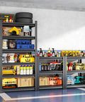 Heavy Duty Garage Shelving System 63 Inch Tall Adjustable Steel Standing Shelves 36 Inch Wide 13.8 Inch Deep Supports Up to 2000 Lbs Total Industrial Grade Metal Shelves for Basement Shop Warehouse Pantry Black loaded with tools and supplies
