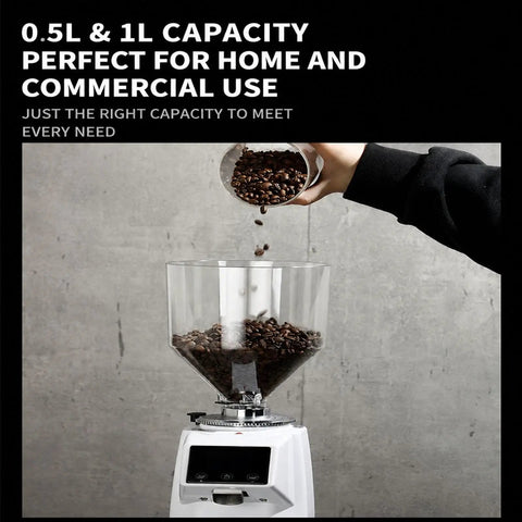 Top Shelf Digital Touch Screen Commercial Coffee Grinder Built With Food Grade Stainless Steel Flat Burrs For Smooth Batch Grinding And Serious Morning Fuel At Home Or The Cafe pouring coffee beans into large hopper.