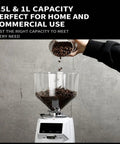 Pro Commercial Coffee Grinder Featuring Flat Burr Design With Built In Auto Tamper For Hella Even Grinds, 0.5L and 1L capacity.