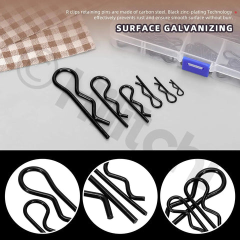 Comprehensive Hitch Pin Clip Kit With 145 Pieces In 6 Sizes R Clips Retaining Pins Hair Pins For Tractor Trailer Garden Equipment And More Comes In A Clear Storage Box Hilitchi, showing black zinc-plated R clips on display with clear storage box.