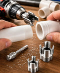 Three Piece PVC Pipe Threader Kit With Dual Internal And External Threading For Half Inch, Three Quarter Inch, And One Inch Pipes, Built Tough Carbon Steel, Drill Compatible, DIY Plumbing And Water Pipe Repairs; drill threading PVC pipe