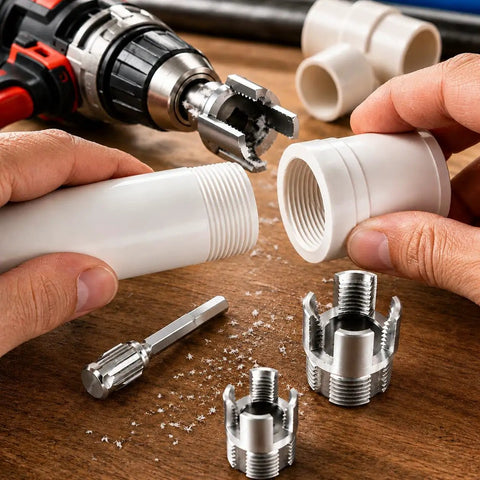 Three Piece PVC Pipe Threader Kit With Dual Internal And External Threading For Half Inch, Three Quarter Inch, And One Inch Pipes, Built Tough Carbon Steel, Drill Compatible, DIY Plumbing And Water Pipe Repairs; drill threading PVC pipe