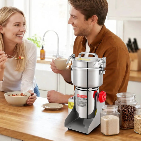 Couple in kitchen with Electric Grain Mill Grinder 750g Capacity High Speed 2000W Commercial Pulverizer on a wooden counter