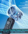 Portable Handheld USB Fan With 5000mAh Rechargeable Battery LED Display showing airflow and motor details.