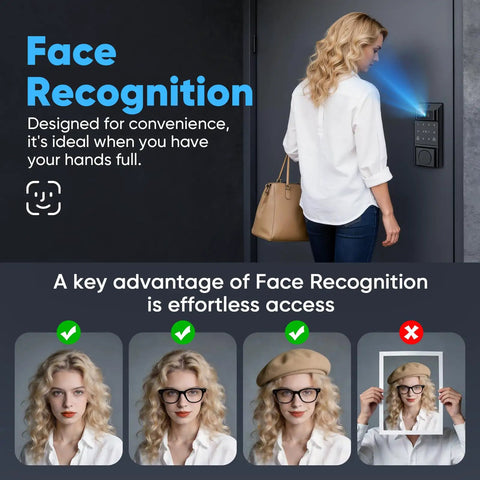Premium Smart WiFi Door Lock Featuring Rapid Facial Recognition And Palm Vein Fingerprint Scanning For No Sweat Keyless Entry smooth access shown with a woman at the door.