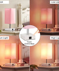 3 Way Touch Desk Lamp With USB Ports, Pink Shade Nightstand Light for Bedroom or Living Room, brightness levels display