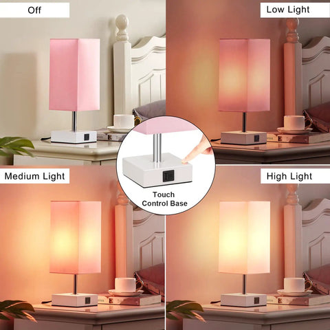 3 Way Touch Desk Lamp With USB Ports, Pink Shade Nightstand Light for Bedroom or Living Room, brightness levels display