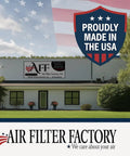 Air Filter Factory building exterior with 'Proudly Made in the USA' badge and American flag background.