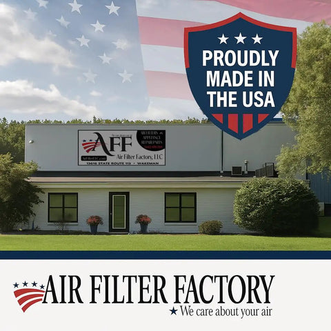 Air Filter Factory building exterior with 'Proudly Made in the USA' badge and American flag background.