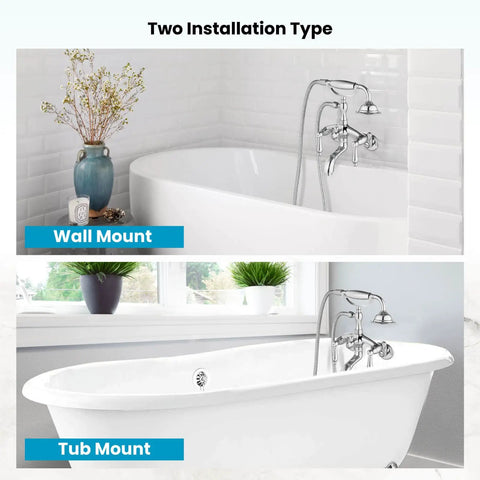 Wall Mount Clawfoot Tub Faucet With Handheld Shower Sprayer, Double Function Diverter, Hot And Cold Water Mixer, view of two installation types