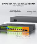 Front view of 2.5G PoE Plus 10 Port Unmanaged Switch with 8 2.5G Base-T PoE ports and 2 10G SFP uplinks, 120W power, metal build