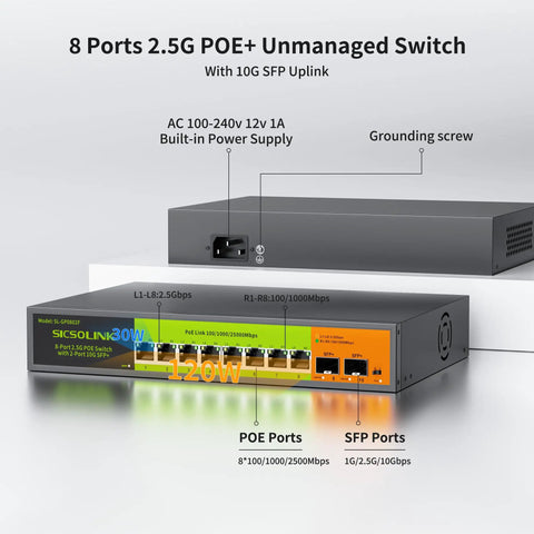 Front view of 2.5G PoE Plus 10 Port Unmanaged Switch with 8 2.5G Base-T PoE ports and 2 10G SFP uplinks, 120W power, metal build