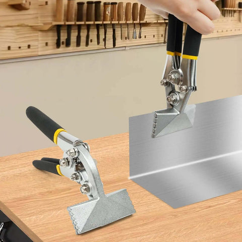 Pro Grade Sheet Metal Bending Tool Set Two Pack Heavy Duty Hand Seamers With Straight And Curved Jaws on wooden surface