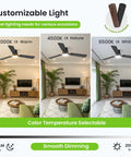 Customizable 42 Inch Ceiling Fan With Bright Light And Wireless Remote showing three color temperatures in a living room setting.