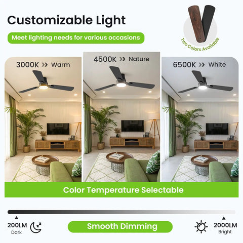 Customizable 42 Inch Ceiling Fan With Bright Light And Wireless Remote showing three color temperatures in a living room setting.
