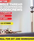 Close-up of 35-piece 5.0x70mm single thread Pozi countersunk wood screws yellow zinc plated for DIY woodworking