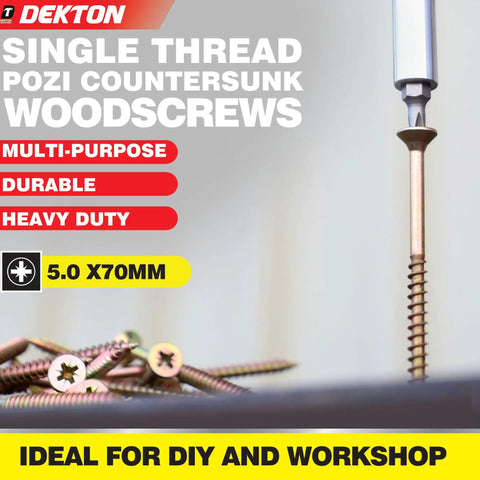 Close-up of 35-piece 5.0x70mm single thread Pozi countersunk wood screws yellow zinc plated for DIY woodworking