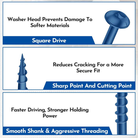 8 By 2 And A Half Inch Exterior Pocket Hole Screws With Coarse Thread Square Drive Washer Head Blue Coated Features