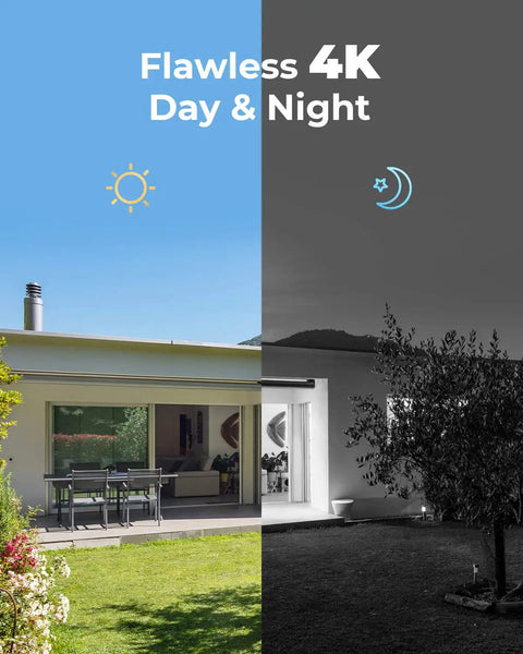 Image of a backyard illustrating day and night vision capability of the 4K Ultra HD PoE Security Camera System With Four Cameras, H.265.