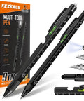 9 In 1 Multitool Pen Set For Dad And Husband featuring black aluminum pens and packaging, showing ruler and screwdriver tools visible.