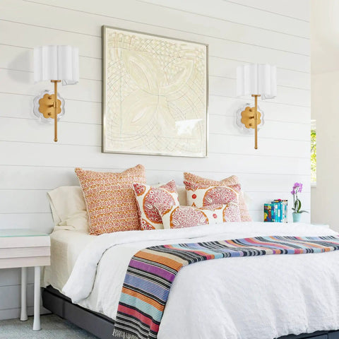 Bedroom with Set Of 2 Modern Wall Sconces With Creamy White Fabric Flower Shades And Antique Brass Brush Finish