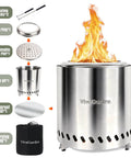 Tabletop Fire Pit Portable Smokeless Camping Stove 9.5 X 8.6 Inch Stainless Steel Fire Pit Fueled By Pellets Or Wood Safe Burn, showing components and flame.