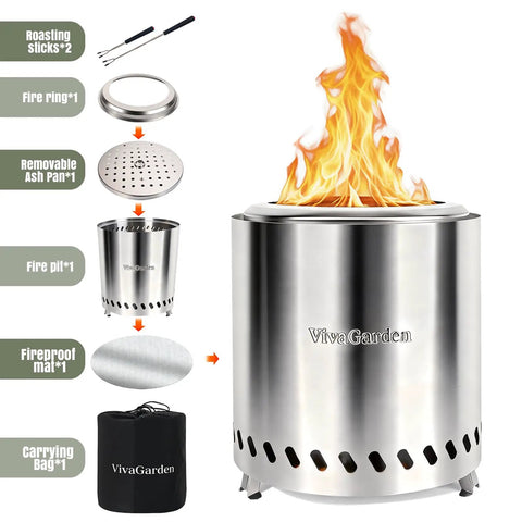 Tabletop Fire Pit Portable Smokeless Camping Stove 9.5 X 8.6 Inch Stainless Steel Fire Pit Fueled By Pellets Or Wood Safe Burn, showing components and flame.