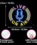 Live On Air Multicolor LED Neon Sign Dope Wall Decor With USB Power Dimmable Brightness 12.8x12.8 inches, microphone design.