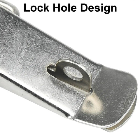 Close-up of lock hole on 4 Pack Beefy, Heavy Duty Spring Loaded Toggle Latch Catch Set In 304 Stainless Steel, Rust Resistant