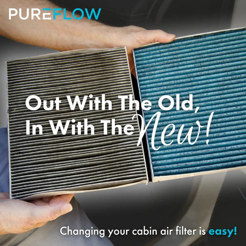Hands holding old and new cabin air filters for Hyundai Tucson Elantra Santa Fe Kia Sportage Sorento K5 Santa Cruz Ioniq 5.