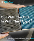 Comparing old and new cabin air filters, featuring the Cabin Air Filter PC99204X for various VW and Audi models.
