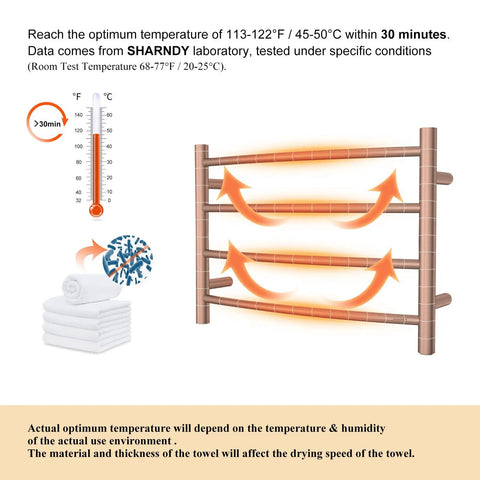 Diagram of Brushed Nickel Wall Mounted Towel Warmer Rack Electric Stainless Steel Four Curved Bars For Bathroom Plug In 40W ETW29 showing heat flow and temperature range.
