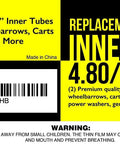 Packaging for 4.80/4.00-8 inch tire inner tubes for wheelbarrows and trailers, heavy-duty rubber, 2 pack