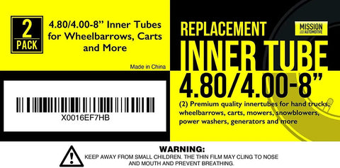 Packaging for 4.80/4.00-8 inch tire inner tubes for wheelbarrows and trailers, heavy-duty rubber, 2 pack