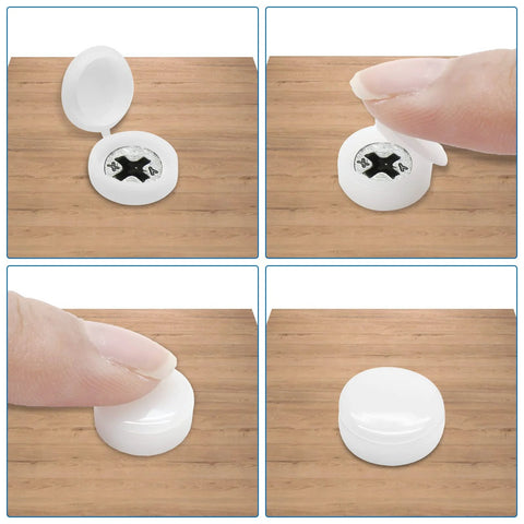 50 Pack White Plastic Hinged Screw Cover Caps For 4mm Hole Screws, 13mm Outer Diameter, snap on flip top covers on wood panel