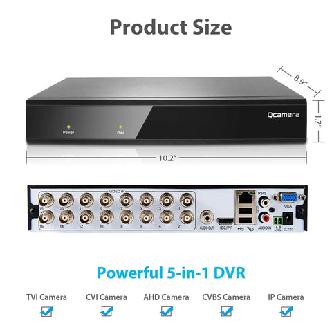 Front and back view of 16 Channel Hybrid DVR For CCTV Security System With 5MP 4MP 1080P AHD TVI CVI Analog And IP Cameras H265 P2P