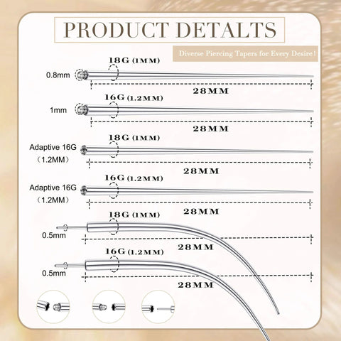 Diagram showing sizes and specifications of Piercing Taper Ball Grabber Tool And Jewelry Changing Kit 16G 18G 20G Surgical Steel