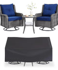 Three Piece Outdoor Patio Set With 360 Degree Swivel Rocking Chairs And Rattan Side Table In Grey Wicker With Blue Cushions For Garden Porch Or Backyard Comfy Lounge Set