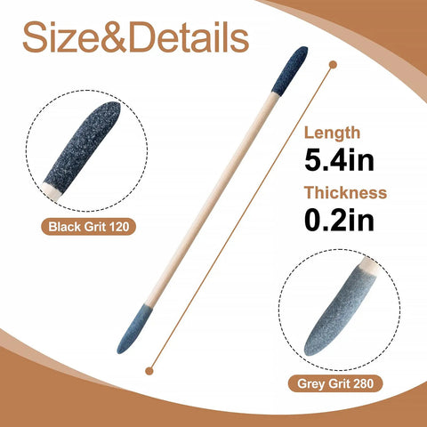 30 Piece Double Ended Sanding Sticks For Tiny Nooks And Holes, Pro Grade Fine Detail Polish Kit With 120 And 280 Grit For Plastic Models, Wood, And Metal, Snug Grip For Precision Sanding, showing product size and grit details.