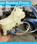 Pro Grade Brake Bleeder Kit For Cars And Motorcycles with 22 inch clear hose and master cylinder in garage setting